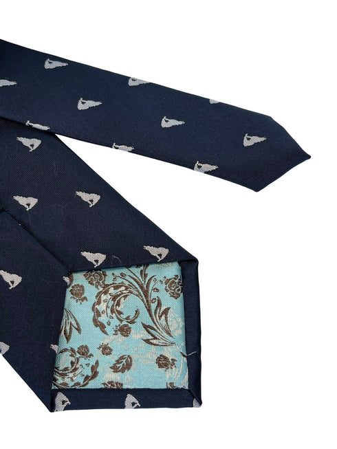 navy mens tie with howling lone wolf  design